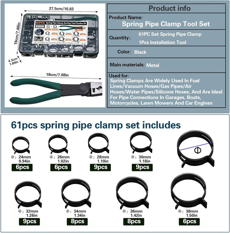 AskWay Automotive spring hose clamps 24-38 mm, 62 pcs fuel coolant pipe clamp tools in 8 sizes, used to fix hose interfaces in automotive, marine, gardening, and industrial applications - Image 2